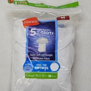 Hanes Boys Tagless 5 Pack White T Shirts Size M 10-12 Cotton Polyester Blend New